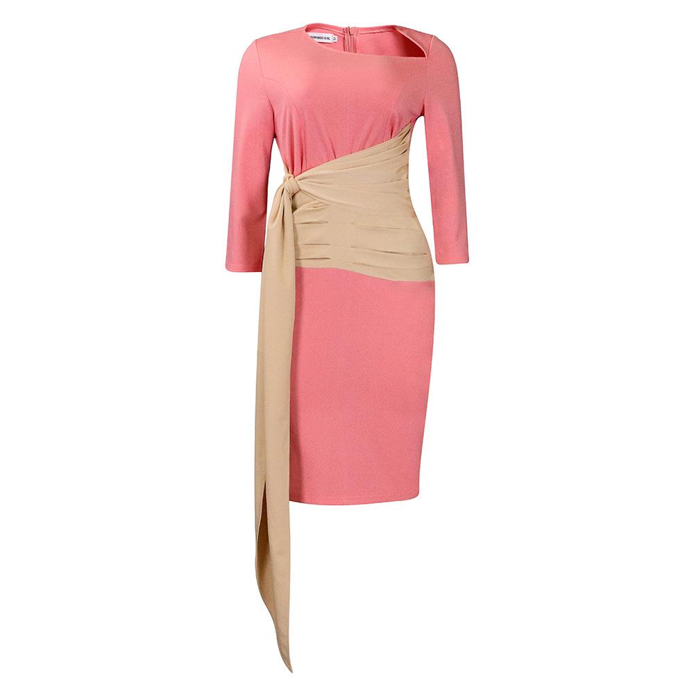 Large Size Women Fashion Patchwork Mid Sleeves Business Dress Ladies Elegant One Piece Skew Collar Sheath Dress