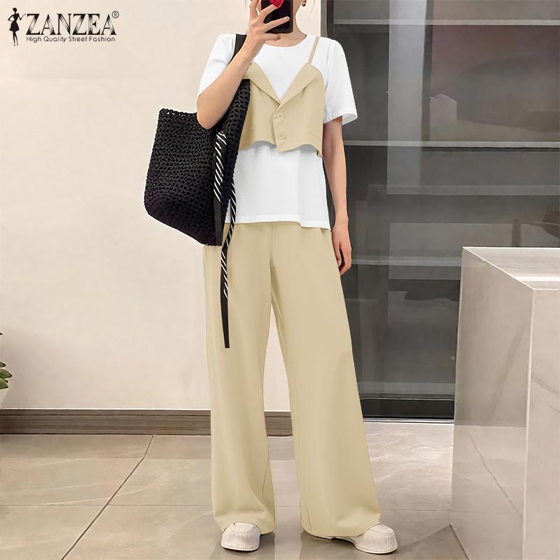 ZANZEA Women Patchwork Short Sleeve Blouse and Pants Summer Two Piece Suit Sets