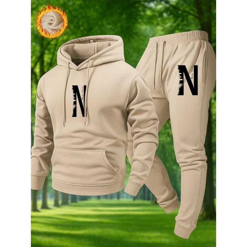 2026 N letter printed sportswear set men's hooded sweatshirt long pants set spring and autumn winter warm suit