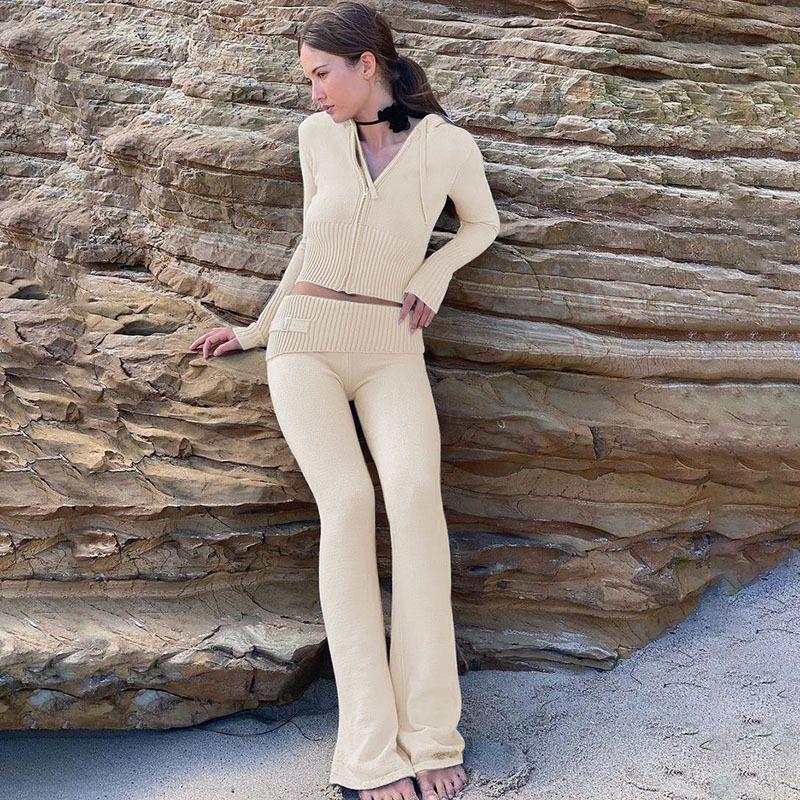 European and American New Knitted Hood Set Women Clothes Fashion Sexy High Waist Long Sleeve Trousers Two-piece Set