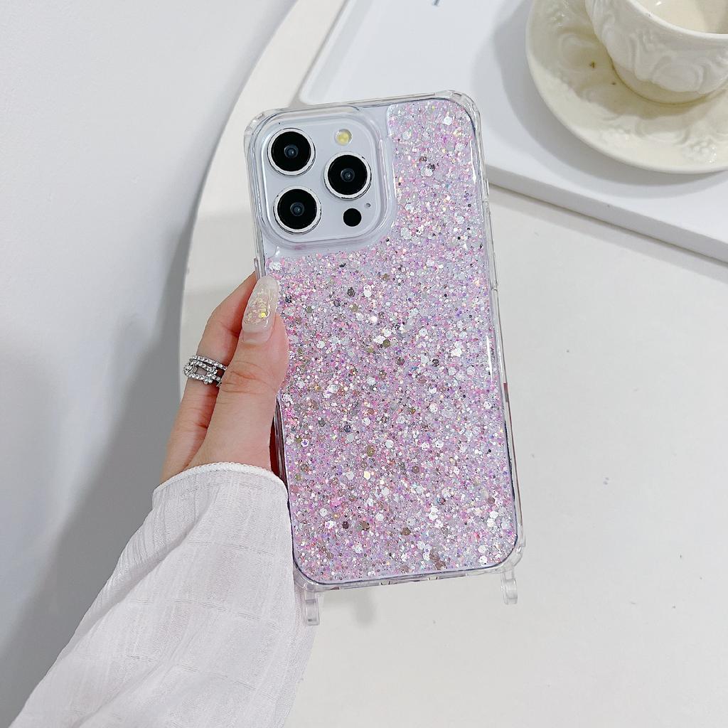 For iPhone 15 Pro Max Case Glittery Powder Acrylic + TPU Phone Cover with Pearl Bead Strap