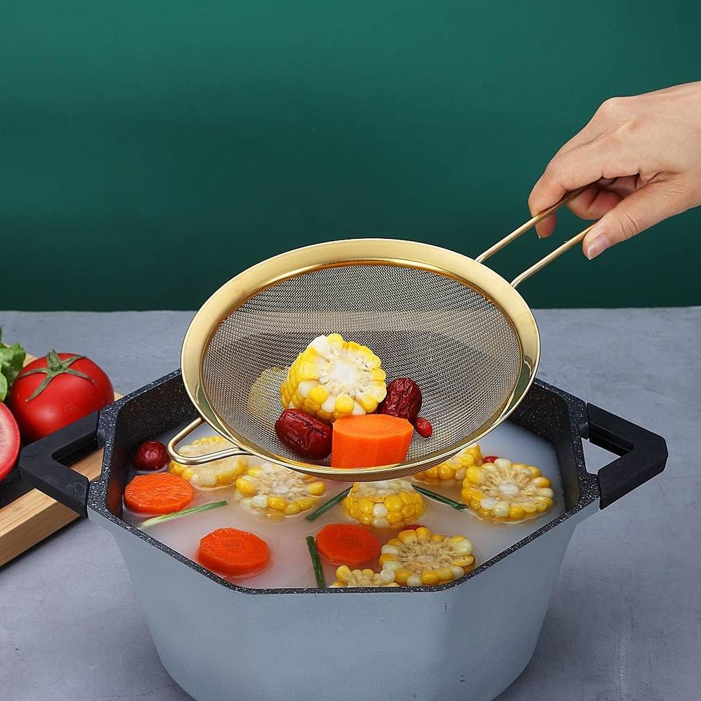 Gold Fine Mesh Strainer 3 Pieces Set, Golden Flour Sifter For Baking, Stainless Steel Clander, Gold Matcha Tea Strainer, Gravy Separator, Stasher