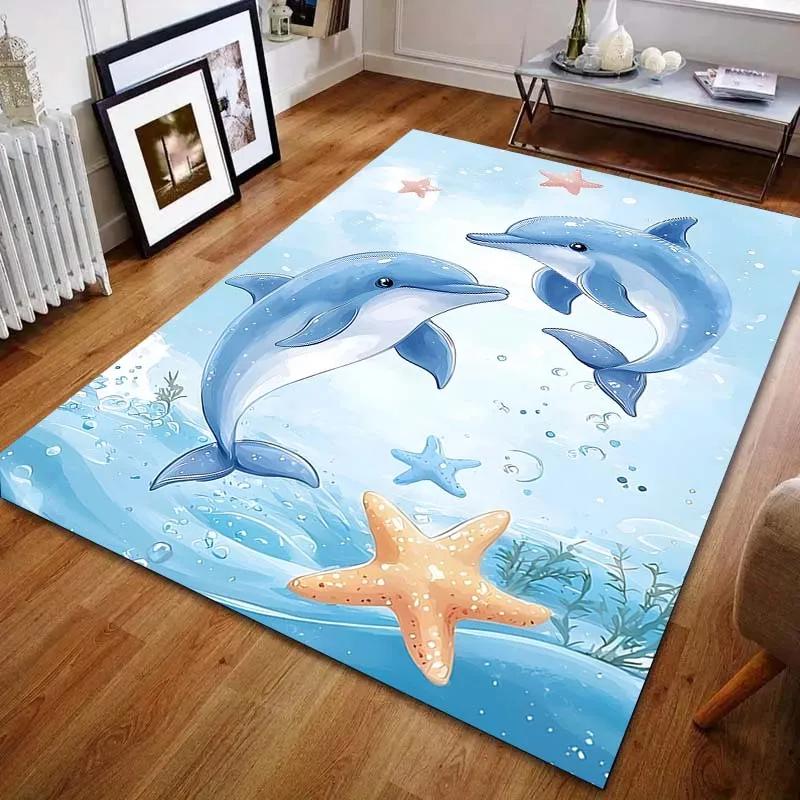3D Printing Two Dolphins Cartoon Print Carpet for Bedroom Living Room Bedside Floor Mat Modern Home Decor Area Rug Luxury Gift