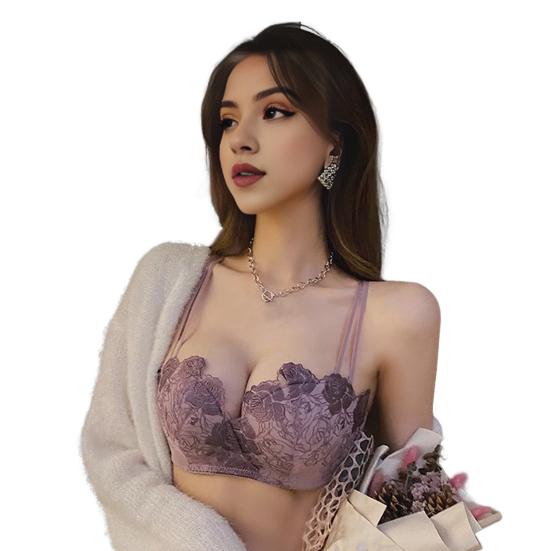 

Жіночий бюстгальтер з квітковою аплікацією на бретельках бездротового зв’язку, прозора сітчаста м’яка спина, пуш-ап, що не зачіпає 32B фіолетовий