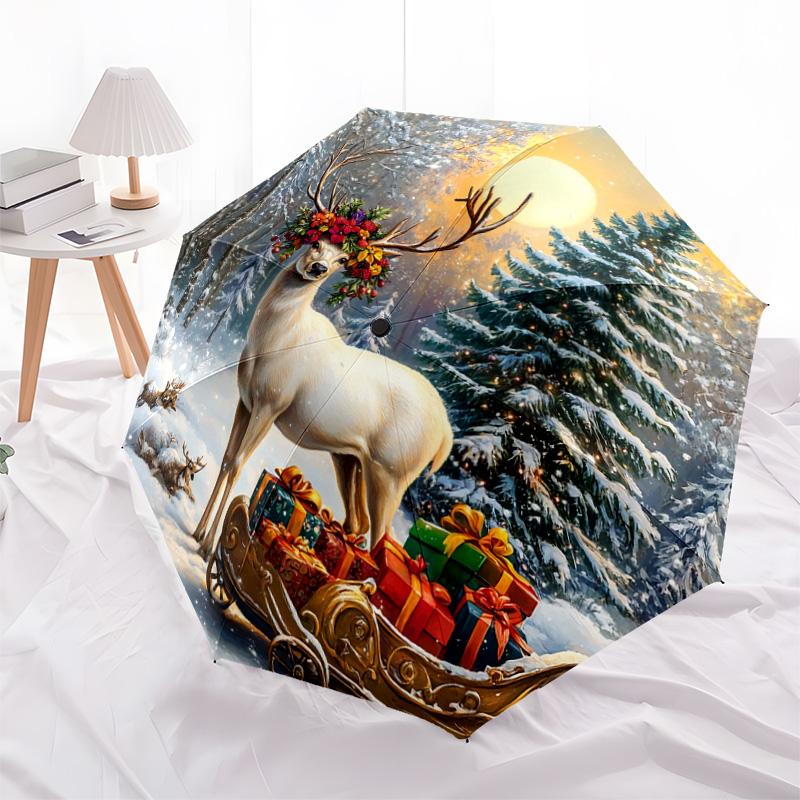 1 PC Automatic Folding Umbrella - Deer with Presents Pattern, Portable & Foldable Design with 8 Ribs, Christmas Birthday Gifts