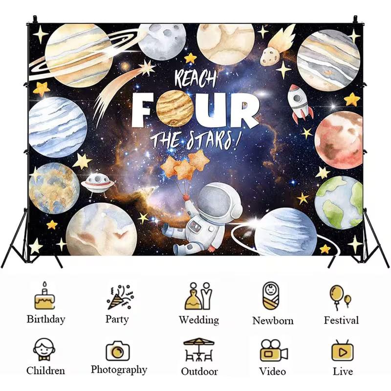 2D  Four the Stars  Space Theme Backdrop with Astronaut and Planets 47.2x31.5inch/120*80cm