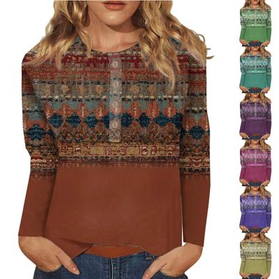 Women's Button Neck Tops Women's Blouses Women's Casual Daily Tops Long Sleeve V Neck Fashion Print Shirt Tops T Shirt Pullover Tops