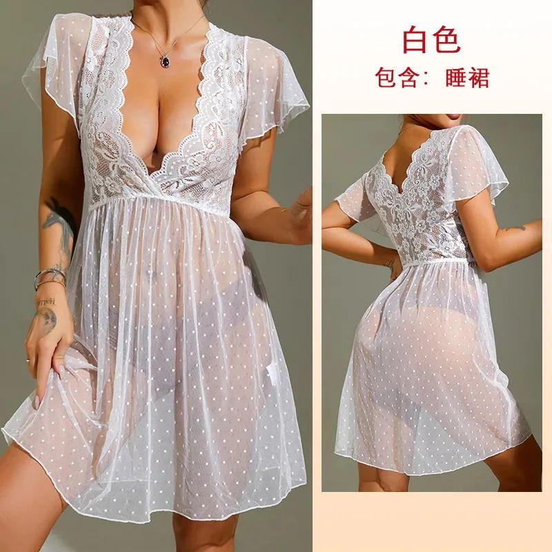 

2025 New Arrival Export Sexy Mesh Nightdress/Polka Dot Perspective Deep V Dress/Sexy Sleepwear Homewear White L