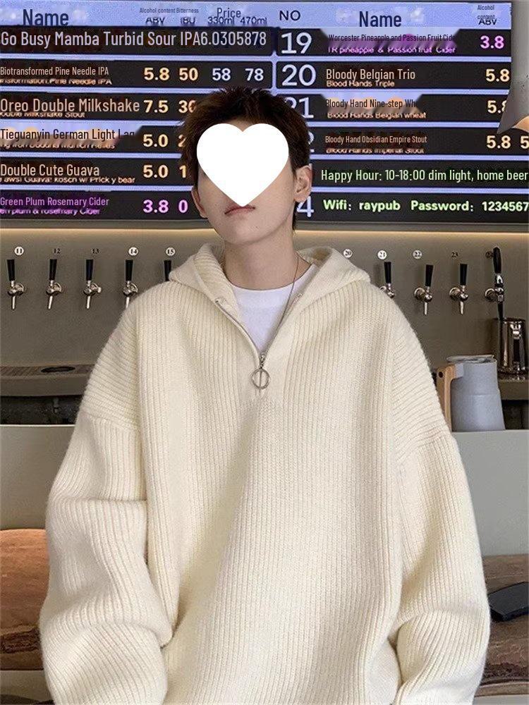 

Мужская осенняя свободная трикотажная толстовка с капюшоном в гонконгском стиле с застежкой-молнией на половину длины M белый