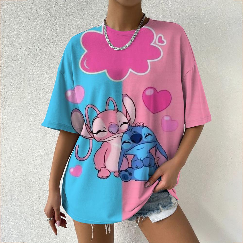 Kawaii Women's T-shirt Disney Lilo&Stitch Casual Y2k T-shirt Round Neck Short Sleeved T-shirt 2025 Summer Women's Clothing