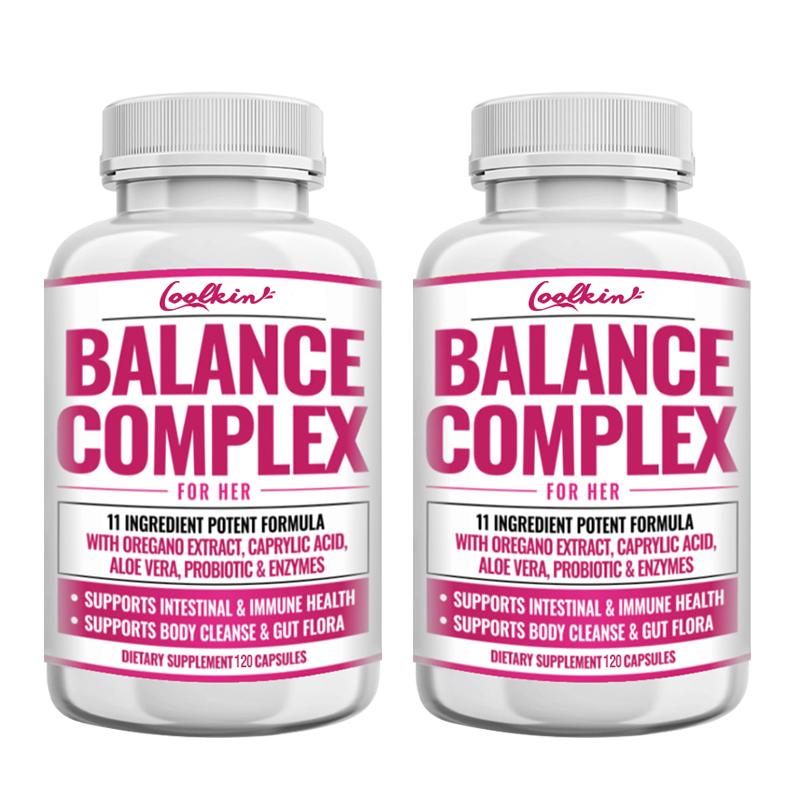 Coolkin Complex Capsules, containing oregano, aloe vera extract, probiotics, and digestive enzymes, suitable for adults.