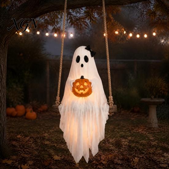 Halloween Party Supplies Lighted Ghost Swing with Glowing Pumpkin, Hanging Spooky Decor Realistic Scary Home Accents for Porch Yard, LED Floating
