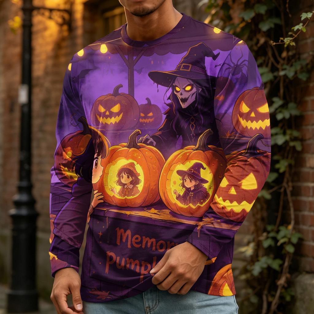 Men's Halloween Printed Crewneck Long Sleeve Top Casual Loose Fit