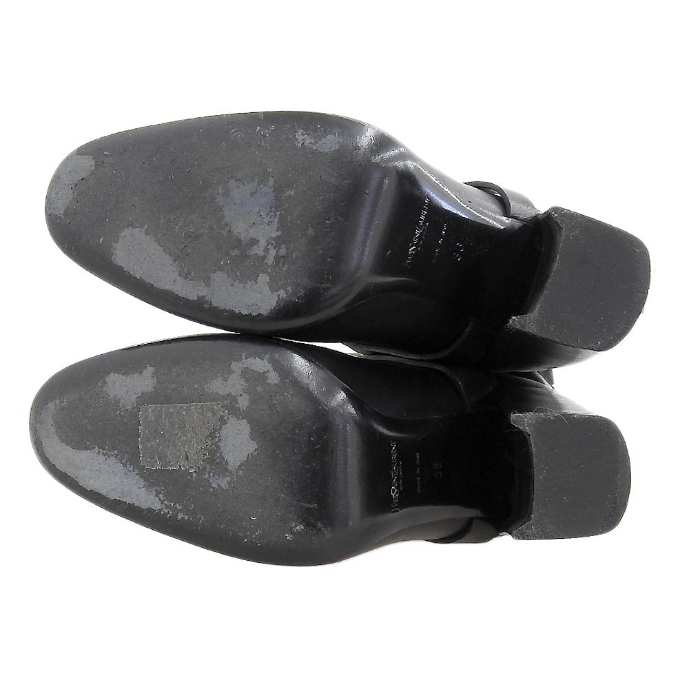 Yves Saint-Laurent Women's Black Leather Long Boots with Front Chain and Chunky Heel, Size 36 shoes 36 blackUsed