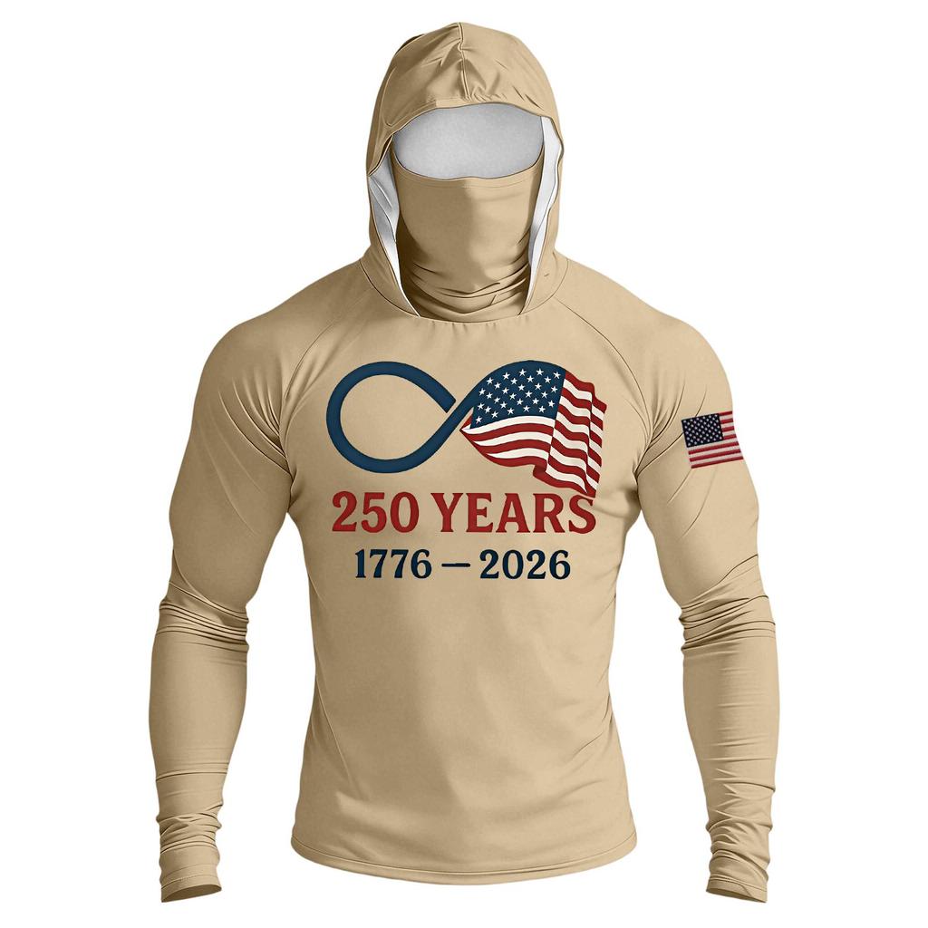 Men's Raglan Sleeve Hooded Long Sleeve Sun Top with Printed Front and Sleeve Design for Outdoor Activities