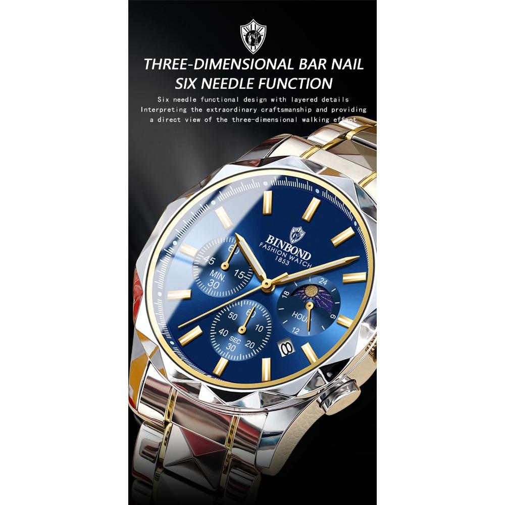 BINBOND Luminous Waterproof Quartz Wristwatch for Men Accurate Luxury Auto Date Chronograph Men's Watch Fashion Durable Reloj
