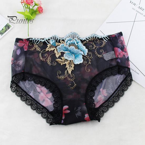 Underpants Women Panties Rose Embroidery Flower Print Mid Waist Stretch Briefs See-through Lace Sexy Ladies Underwear Daily Wear