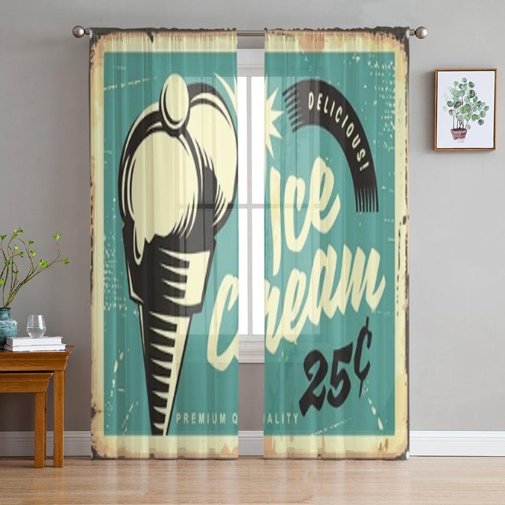 Retro Advertisement With Two Ice Cream Chiffon Sheer Curtains for Living Room Bedroom Window Curtain Voiles Tulle Cortinas