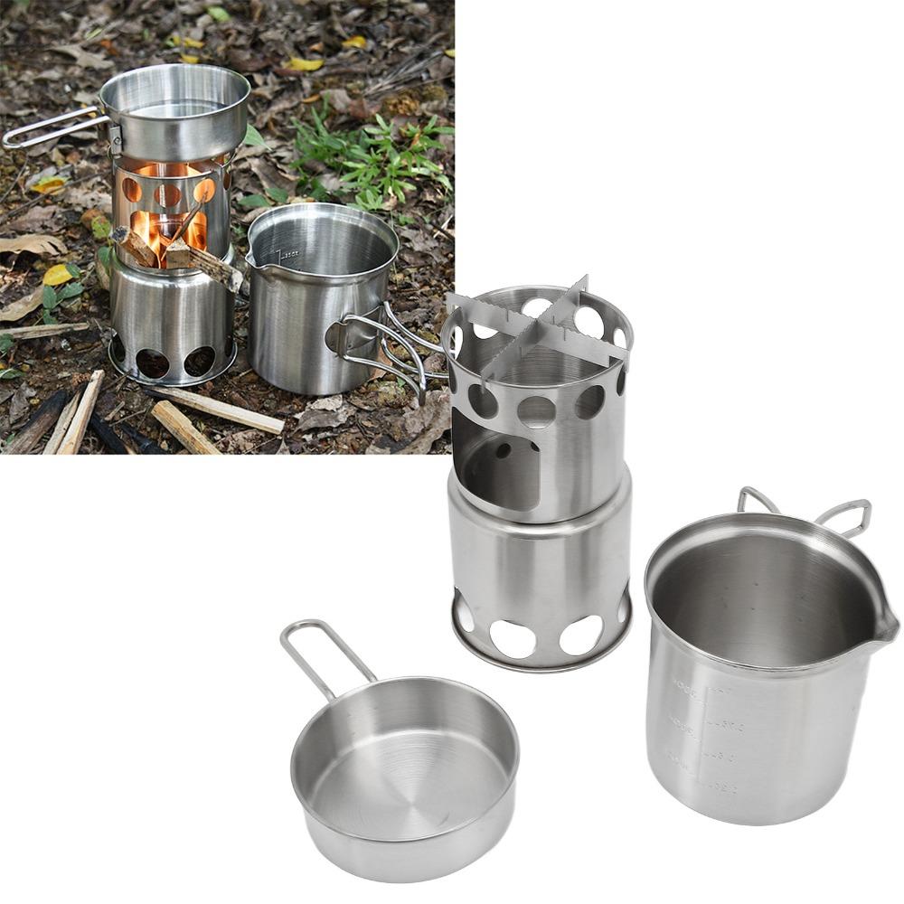 Stainless Steel Portable Camping Stove With Mesh Pouch Camping Pot Set  Outdoor Cooking