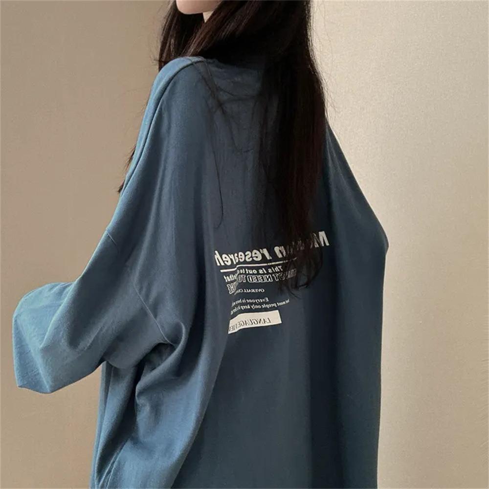 Women's Round Neck Long Sleeve Tunic Tee Loose Fit Casual Letter Print Top Oversized T-Shirt