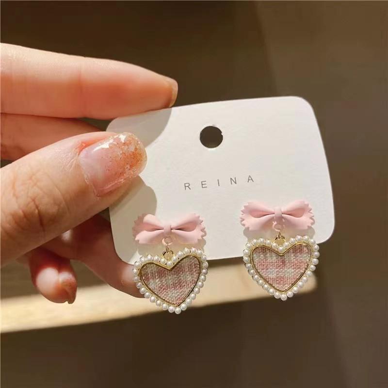 Korean Heart Drop Earrings For Women Girl Romantic Valentine's Day Gift Fashion Jewelry Trend Hanging Pearl Cute Bowknot Earring
