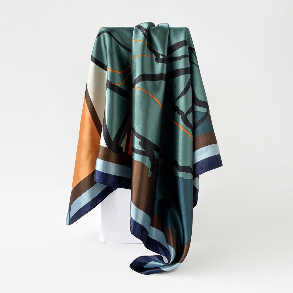 Square Scarf for Women's Imitation Silk Scarf Mother Gift Satin Color Tick Scarf Digital Printing Breathable Versatile Sun Protection