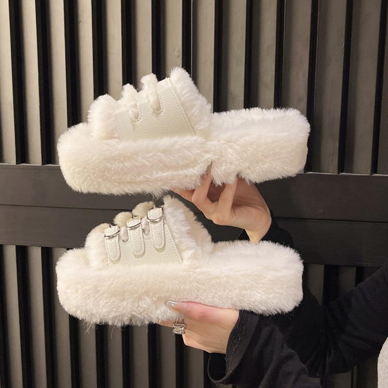 fashion 2024 Chunky Platform Fur Slippers Women Autumn Thick Bottom Furry Outdoor Slippers Woman Short Plush Designer Shoes