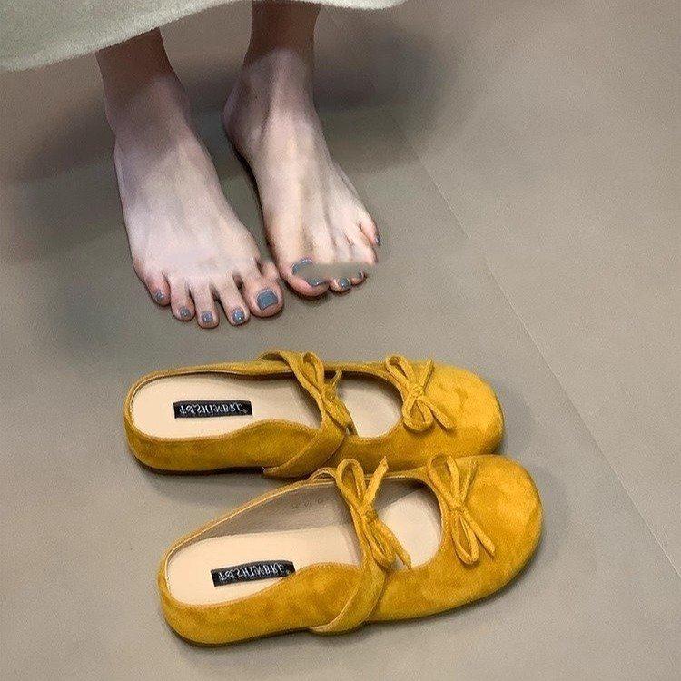 

Bow 2025 bag head half slippers femininity Mary Jane shoes shallow mouth flat bottom summer new inner height increase round head 39 жёлтый