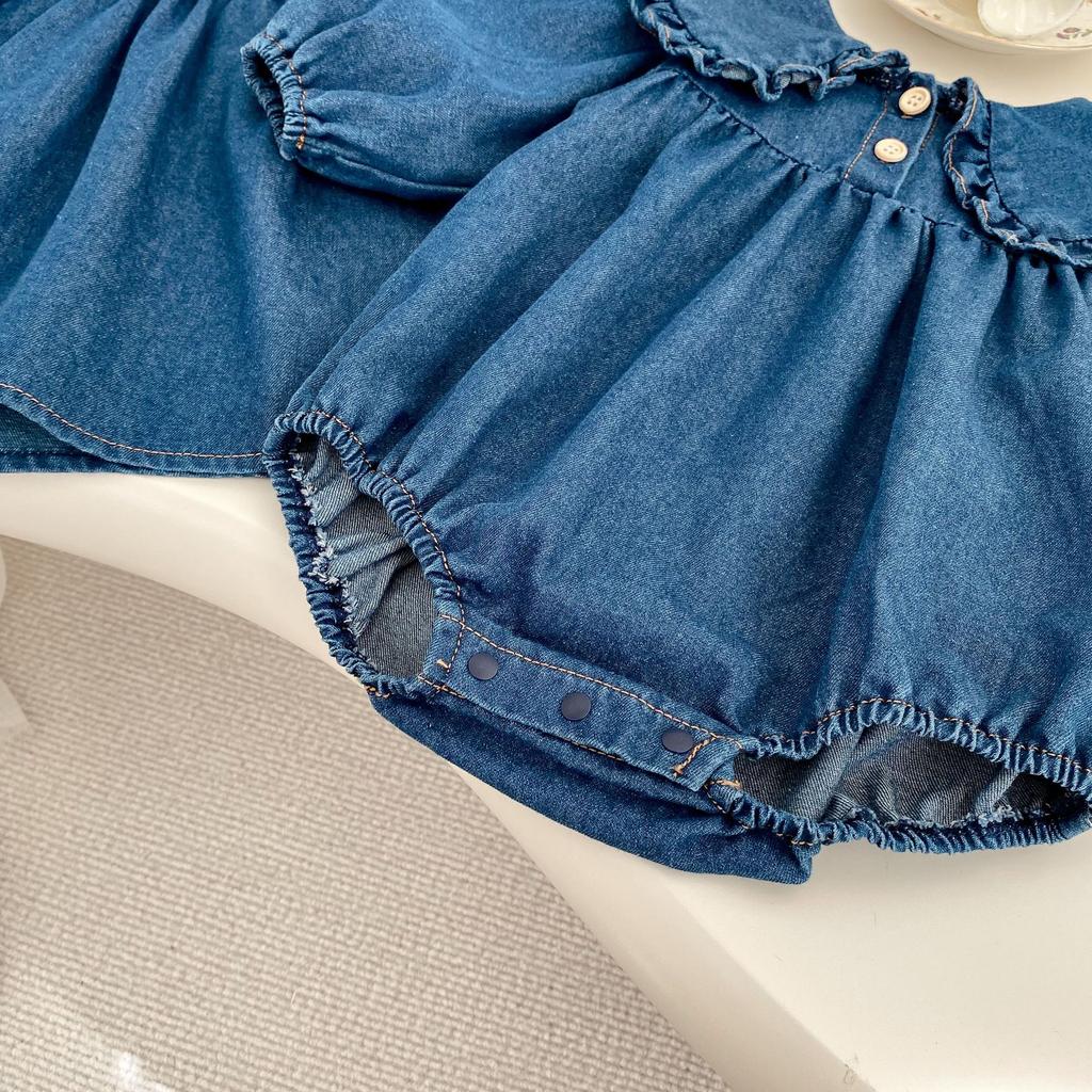 Autumn Baby Girl Denim Romper Dress Long Sleeve Ruffle Collar Princess Outfit Sister Matching Clothes