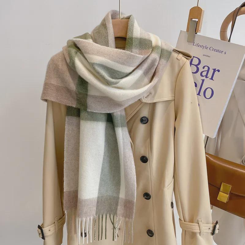 Women's Green Plaid Wool Scarf - Thick, Warm, Knitted Cashmere, All-Match Winter Accessory, Ideal New Year Gift