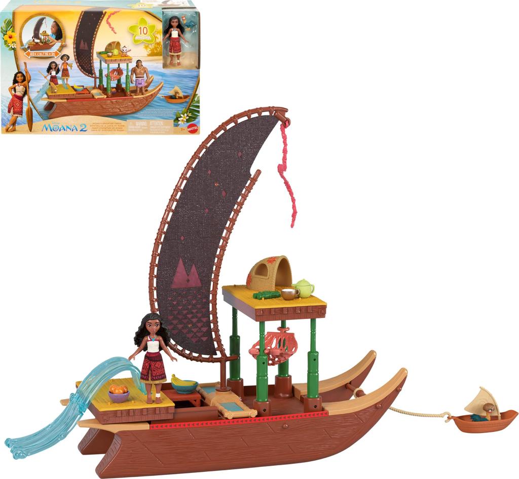 Mattel Disney Moana Toy: Moana's Adventure Canoe Playset with Floating Canoe, Moana Mini Doll, 1 Character Friend, 6 Play Areas, and 10 Accessories