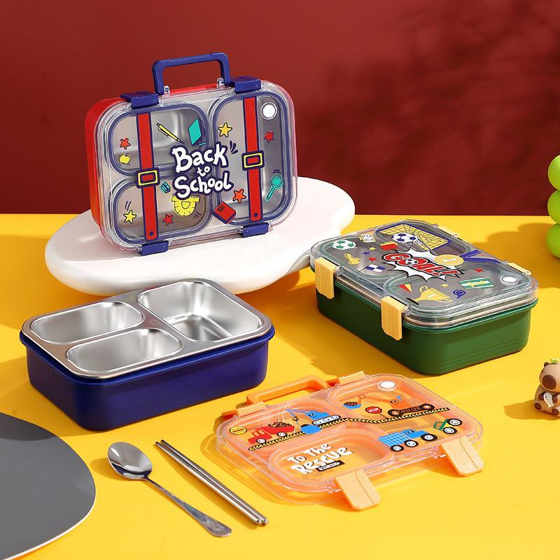 304 Stainless Steel Insulated Lunch Box with Handle - Cartoon Style, Three Compartments, Sealed Bento Box for Students and Work Meals.