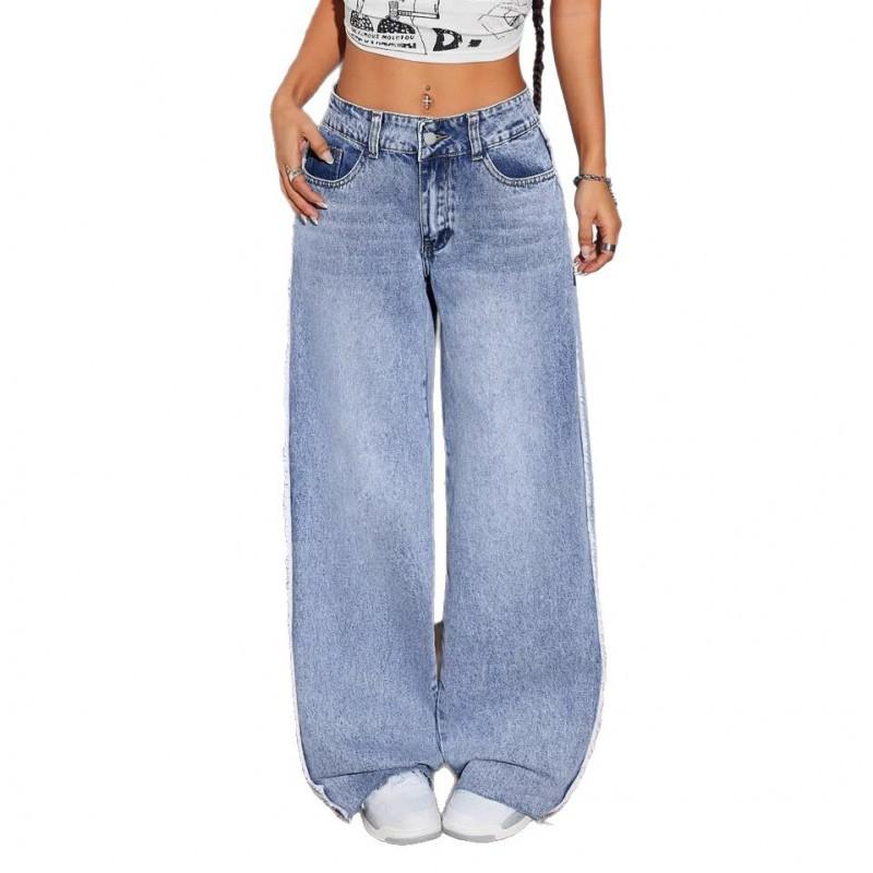 Womens High-Waisted Wide-Leg Denim Pants With Raw Hem Patchwork Design 2025 Streetwear Style