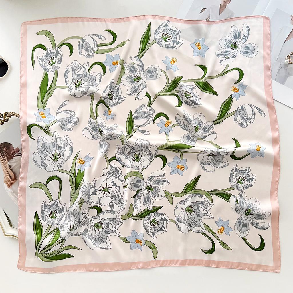 Summer Thin Floral Square Scarf For Women Hair Bag Decoration