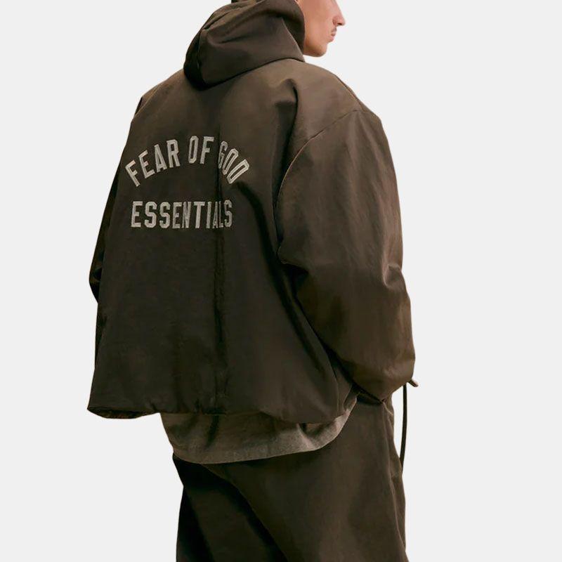 Fear of God Essentials Textured Nylon Hooded Coaches Jacket Brown Men Outerwear 202HO246375F