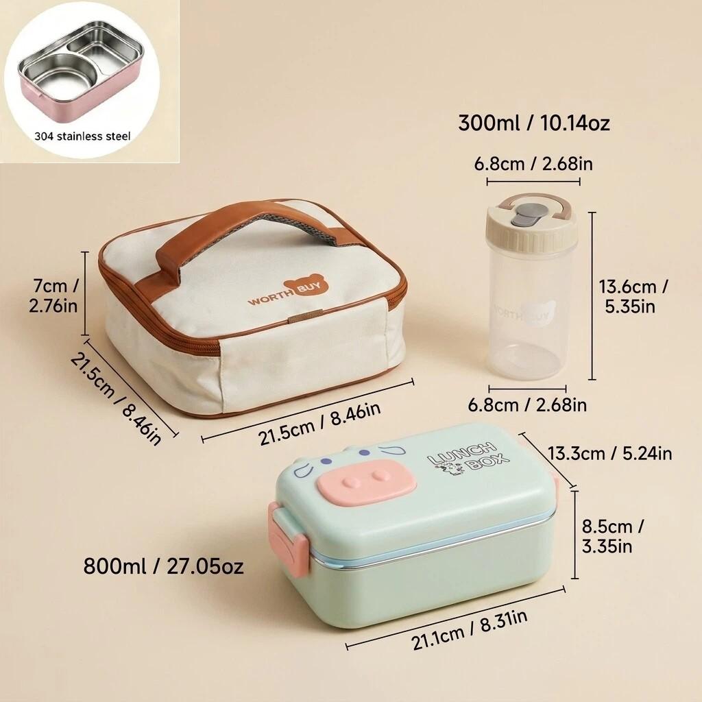 Animal Bento Box Plastic Lunch Box for Kids School Leakproof Microwavable Food Storage Containers with Compartments & Cutlery