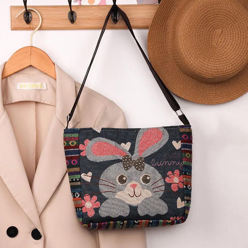 Yogodlns Håndveske i etnisk stil Broderi Elefant Lerret Dame Skuldervesker Dagligvareoppbevaringsveske Stor kapasitet Crossbody-veske