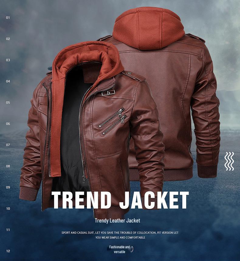 2025 Men's Plus Size PU Washed Leather Hooded Jacket, Two-piece Design.