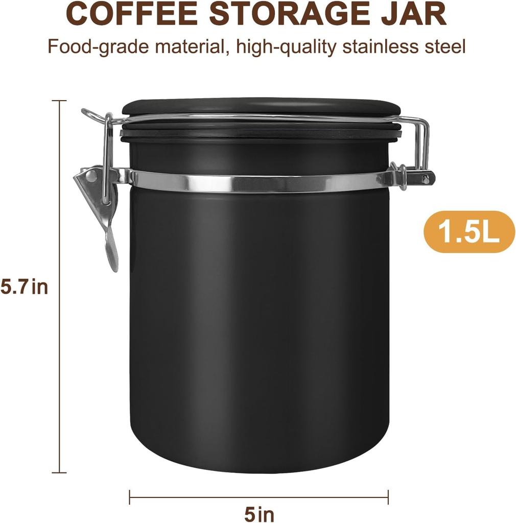 1.5L Airtight Vacuum Coffee Canister with Scoop, Stainless Steel Storage for Coffee Beans, Grounds, Tea, Sugar, Rice