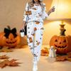 Women Halloween Print Two Piece Outfit, Long Sleeve Crew Neck Top & Drawstring Jogger Pants Casual Tracksuit for Spring Autumn