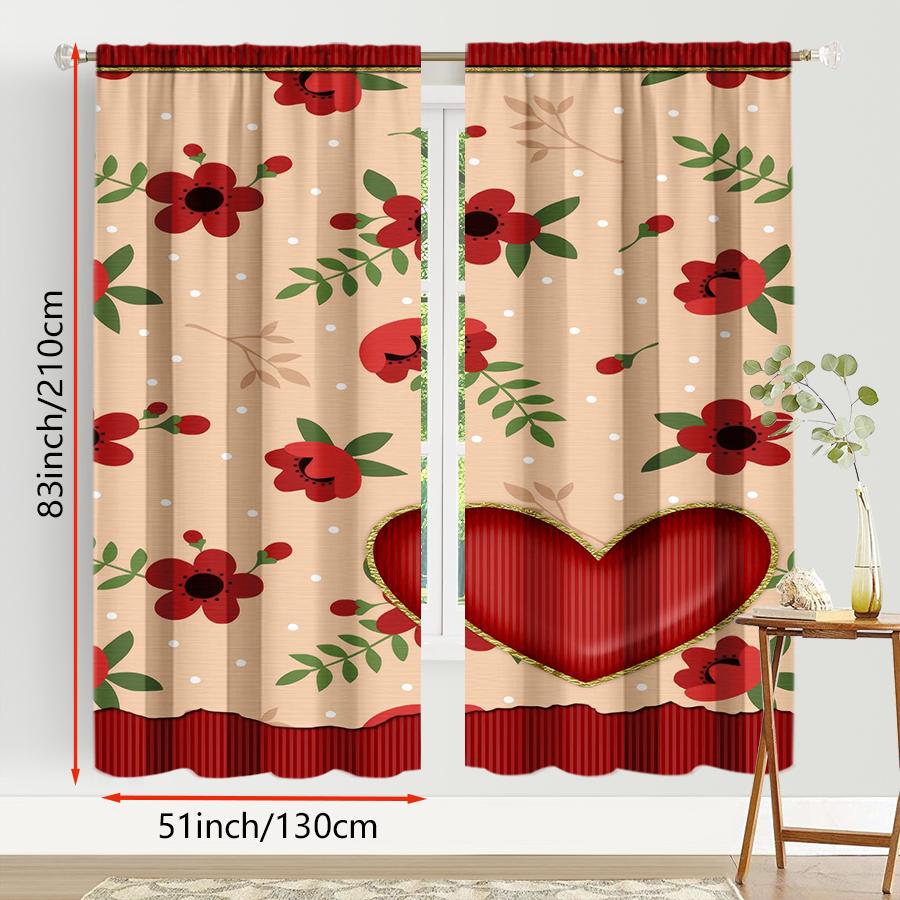 2PCS rice bottom red rose heart-shaped curtains   gentle style   bedroom and living room   decorative curtains with drawbar pockets