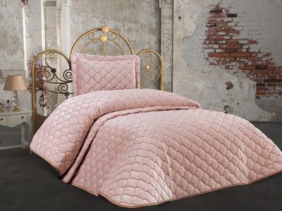 Lima Quilted Bedspread 2pcs, Coverlet 180x240 with Pillowcase, Velvet Fabric, Single Size, Queen Bed, Pink