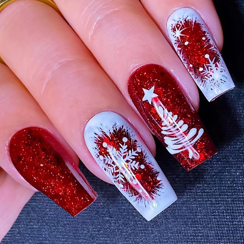Christmas Press On Nails Medium Square Fake Nails with Gold Snowflake Christmas Tree Designs Xmas Red False Nail Acrylic Winter Snow Stick On Nail