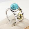 Bohemian Inlaid Imitation Turquoise Women's Ring Vintage Two Color Hand Carving Spiral Daily Wear Party Jewelry Anniversary Gift