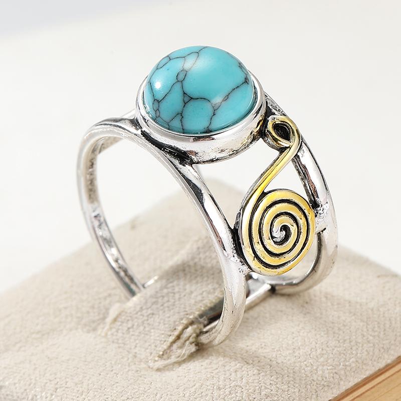 Bohemian Inlaid Imitation Turquoise Women's Ring Vintage Two Color Hand Carving Spiral Daily Wear Party Jewelry Anniversary Gift