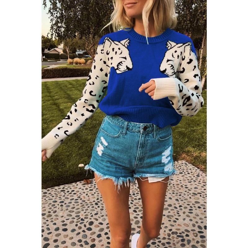 Podzimní a zimní dámský leopardí vzor pletený svetr s dlouhým rukávem vlněný svetr
