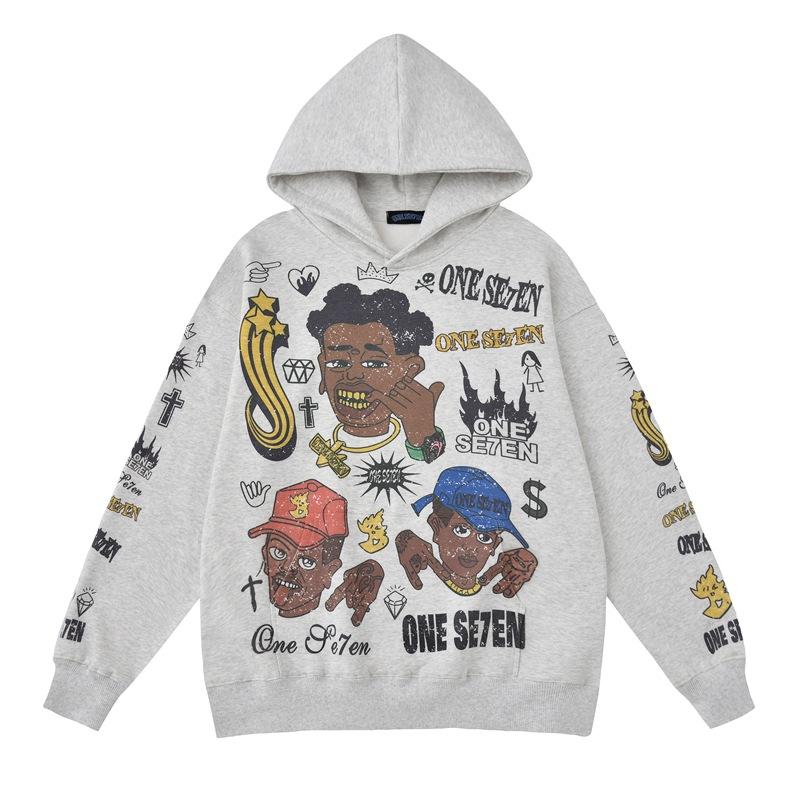 Trendy Brand Hooded Sweatshirt American Hip Hop Vintage Top Graffiti Print Couple Hoodie Loose For Men And Women
