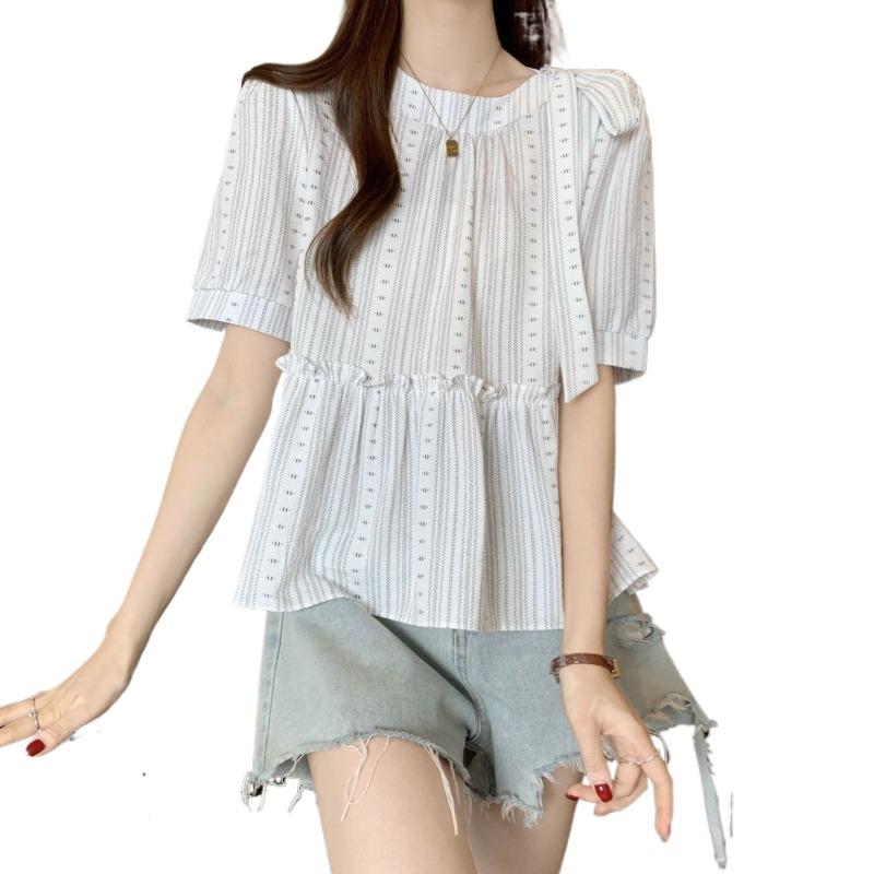 Women's Striped Shirt Round Neck Bow Design Waist Cinching Ladies Blouse Summer Casual Fashionable Famale Pullover Top