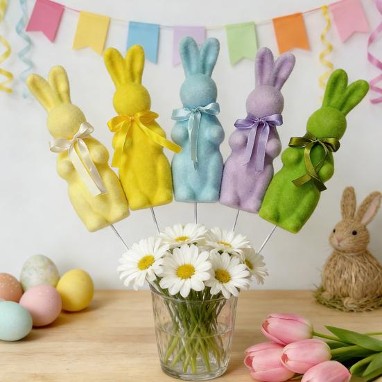 Easter Flocked Bunny Figurine Small Foam Rabbit with Bow Tie Spring Bunny Stake for Outdoor Indoor Yard Lawn Planter Pot Decor