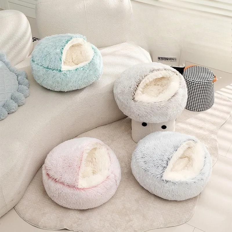 Semi-Enclosed Cat Bed, Shell Style, Winter Insulation, All-Season Fluffy Cat and Dog Bed